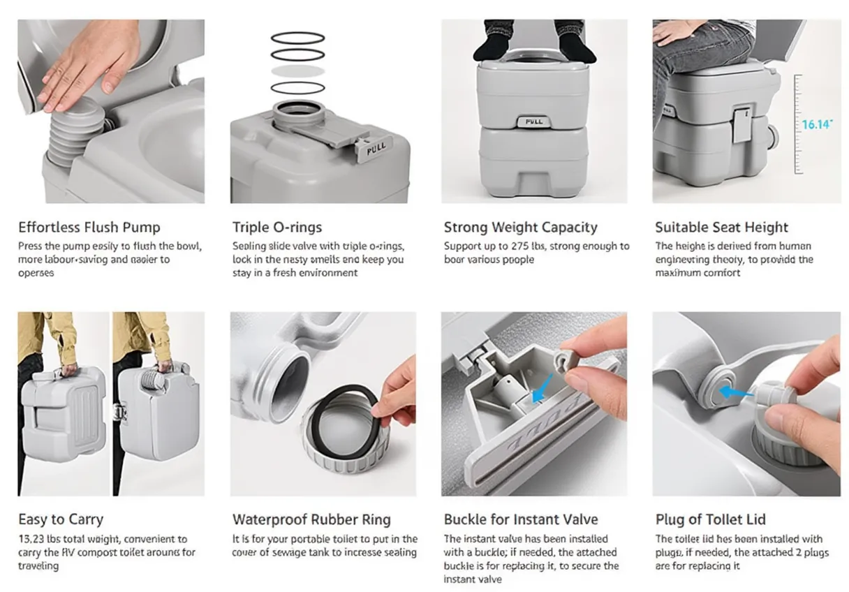 Portable Camping Toilet 16×16×14 – مرحاض محمول للسفر والتخييم | Leak-Proof Travel Toilet with Flush System